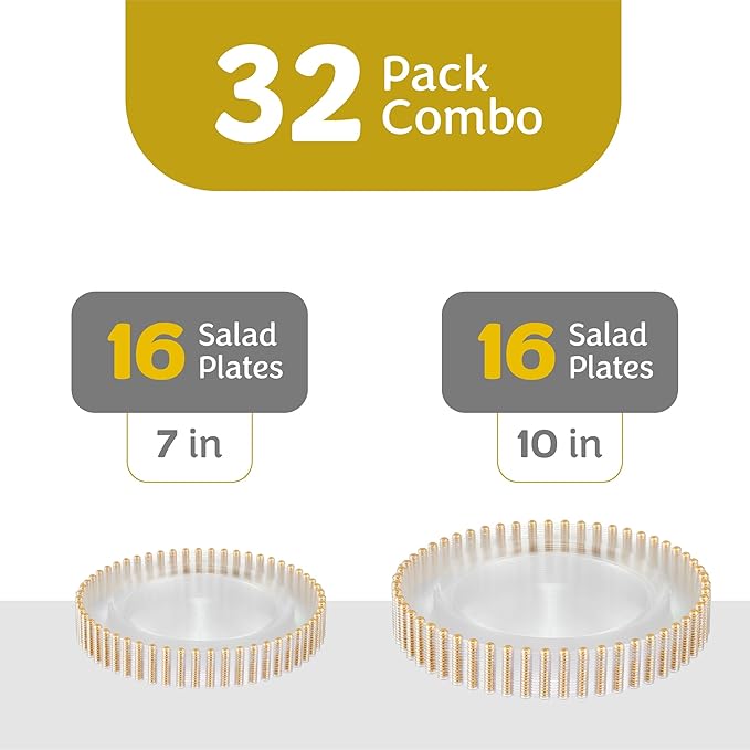 PLASTICPRO 32 Piece Combo Plastic Dinner Plates Disposable Plastic Fancy Heavy Duty Party Dishes 7 inch and 10 inch, Clear and Gold Beaded