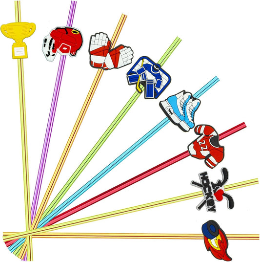 24 pcs Ice Hockey Theme Straight Reusable Straws for Ice Hockey Sports Party Favors, Daily Drink Straws, Birthday Party, Class Reunion, Sports Party Supplies with 2 Cleaning Brush. (6 colors)