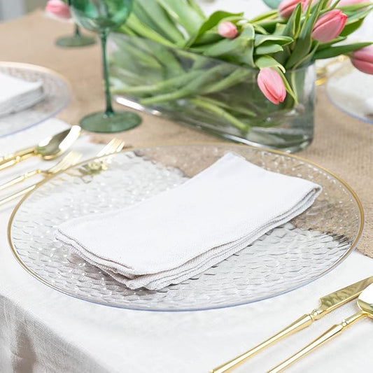 PARTY BARGAINS 13-Inch Charger Plates - 16 Pack, Hammered Clear Gold Rim, Heavy-Duty Disposable Chargers for Elegant Dining - Ideal for Weddings and Formal Events