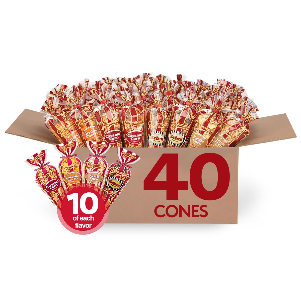 Popcornopolis Gourmet Popcorn Mini Cones Variety Pack (40-Count) –10 Each of Zebra, Cheddar Cheese, Caramel & Kettle Corn Popcorn, Great for Gifting, Parties & Snacks,