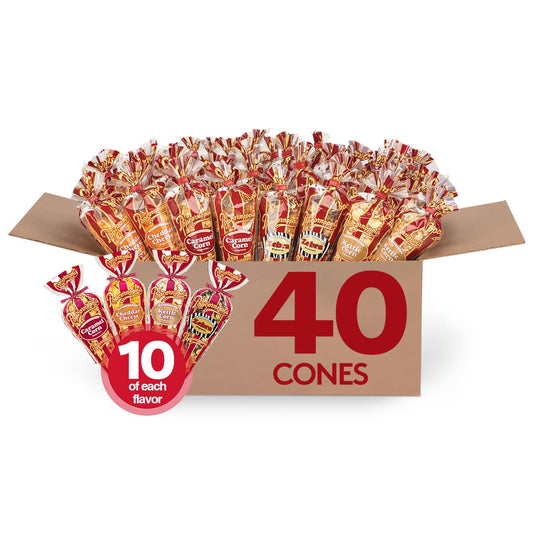 Popcornopolis Gourmet Popcorn Mini Cones Variety Pack (40-Count) –10 Each of Zebra, Cheddar Cheese, Caramel & Kettle Corn Popcorn, Great for Gifting, Parties & Snacks,