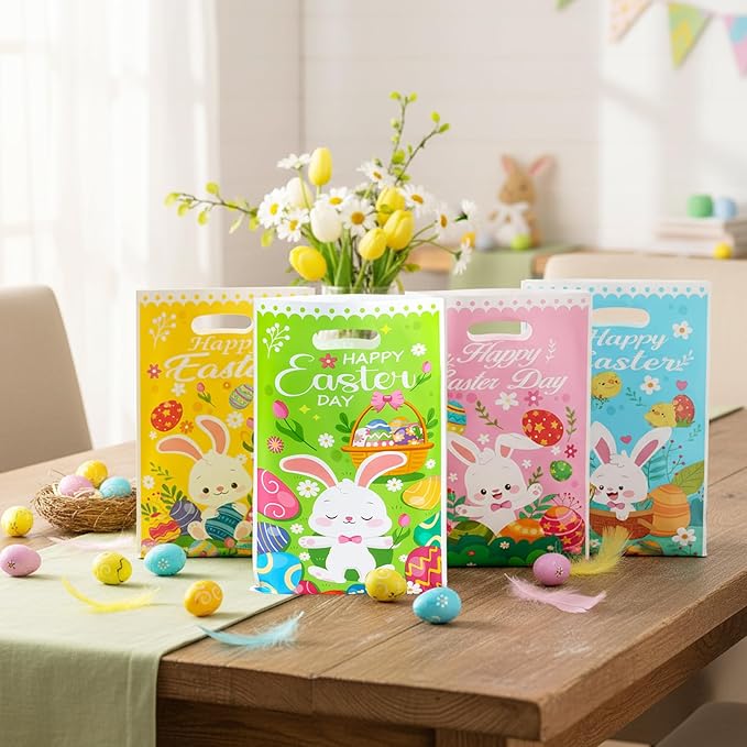 Easter Treat Bags, 100 PCS Easter Gift Bags with Handles, Plastic Happy Easter Day Cookie Goodie Candy Bag Easter Bunny Cute Spring Party Favor Bag for Easter Party Favors Supplies, 6.5x10 Inch