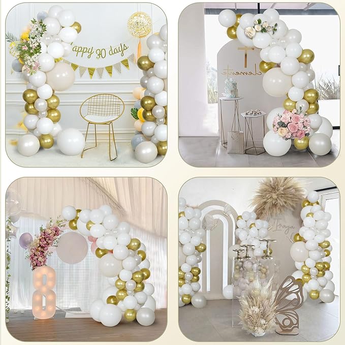 Pearl White Double Stuffed Balloon Arch Kit - Ivory, Cream & Champagne Gold Latex Balloons for Wedding, Bridal Shower, Birthday, Gender Reveal, Boho Party Garland Decor (98 Pcs)