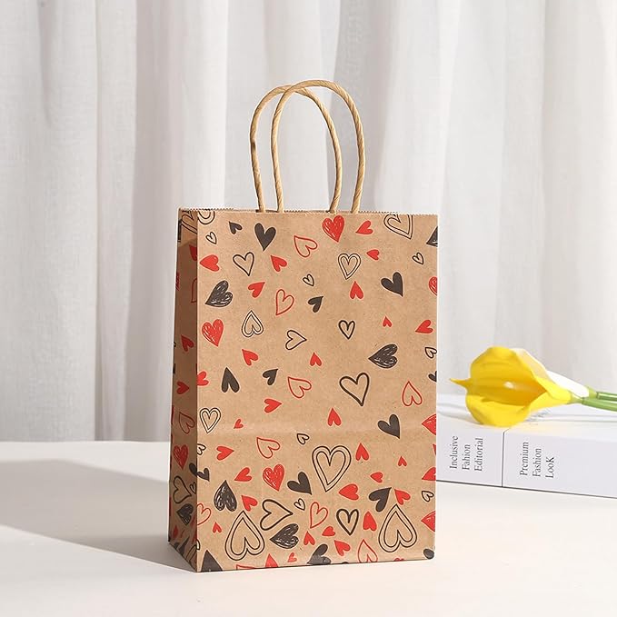 piqiya 24pcs Valentine Gift Bags Bulk,Kraft Paper Gift Bag with Handle,Valentines Gift Bags for Gift Wrapping,Anniversary,Valentine‘s Day Party