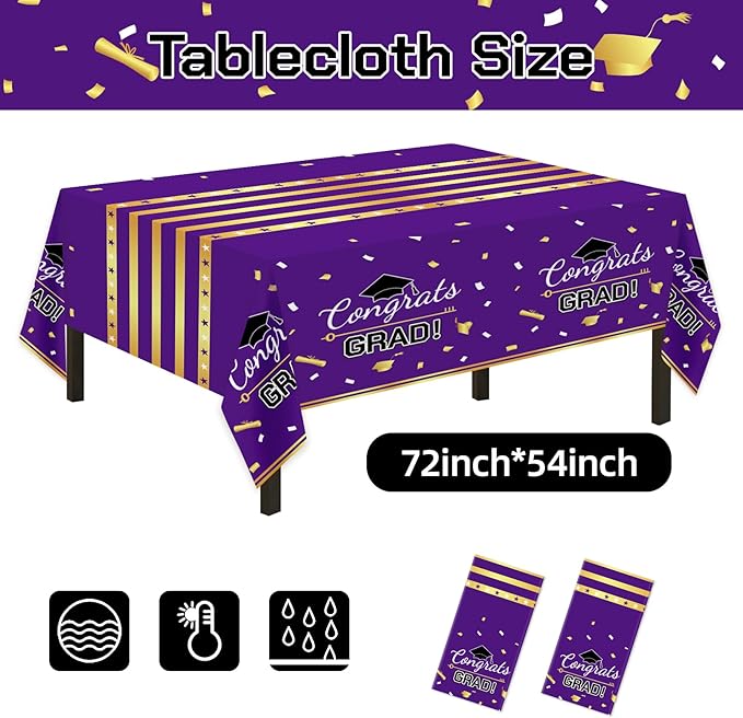 Graduation Decorations Class of 2026,147 PCS Purple and Gold Graduation Decorations,Disposable Congrats Grad Tableware Banner Graduation Plates Cups Tablecloth for Party Supply,School,College,Serve 24