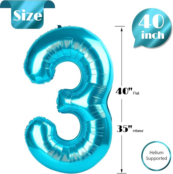 Light Blue Number 3 Balloon 40 Inch, 3rd Birthday Celebration Supplies for Girls Boys Women Men, 3 Balloon for Girls Boys Theme Party