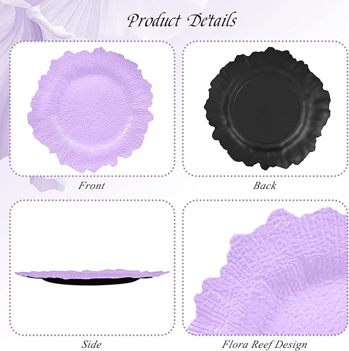 24 Pack Lavender Charger Plates Bulk, 13" Plastic Reef Chargers for Dinner Plates, Round Charger Plate with Floral Reef Design for Dinner Wedding Party Table Setting Decoration