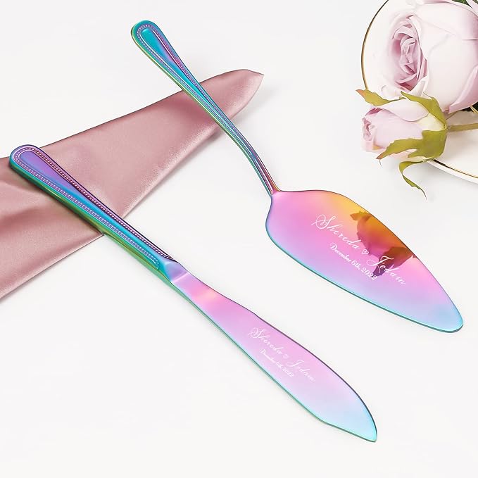 Cake Cutting Set for Wedding, Personalized Wedding Cake Knife and Server Set, Vintage Engraved 2-Piece Pie Pizza Cutter Serving Set, Custom Bridal Anniversary Birthday Quinceañera Gift(Rainbow)