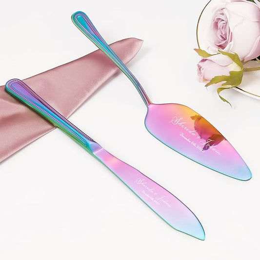 Cake Cutting Set for Wedding, Personalized Wedding Cake Knife and Server Set, Vintage Engraved 2-Piece Pie Pizza Cutter Serving Set, Custom Bridal Anniversary Birthday Quinceañera Gift(Rainbow)