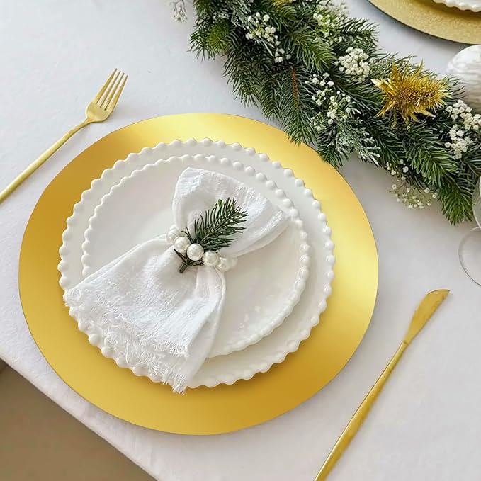 Cedilis 100PCS Disposable Gold Paper Charger Plate, 13" Round Gold Placemats for for Elegant Table Decor, Perfect for Weddings, Holiday Parties, Receptions
