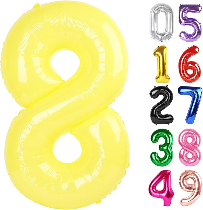 Yellow Number 8 Balloon 40 Inch, 8th Birthday Party Decorations for Children, Giant 8 Foil Balloon for Party Supplies
