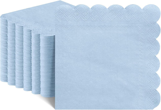 120 Pcs Cocktail Napkins Light Blue Napkins Boy Baby Shower Napkin Disposable Scalloped Blue Beverage Dessert Napkin for Birthday Wedding Baby Bridal Shower, 5 x 5 Inch