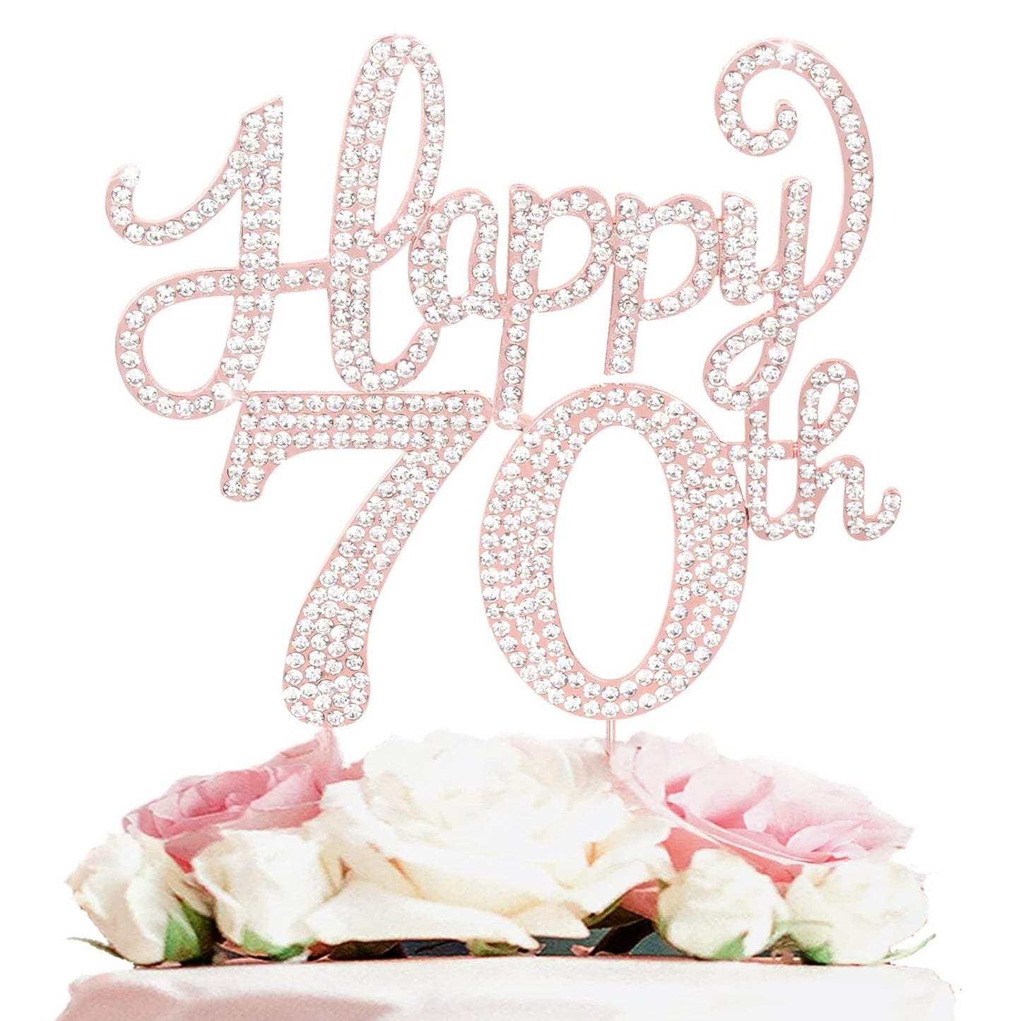 LASKYER Happy 70th Birthday Rose Gold Rhinestone Cake Topper - 70th Birthday/Anniversary,Cheers to Seventy Years Old Bday Party Metal Sparkly Centerpieces Decorations.
