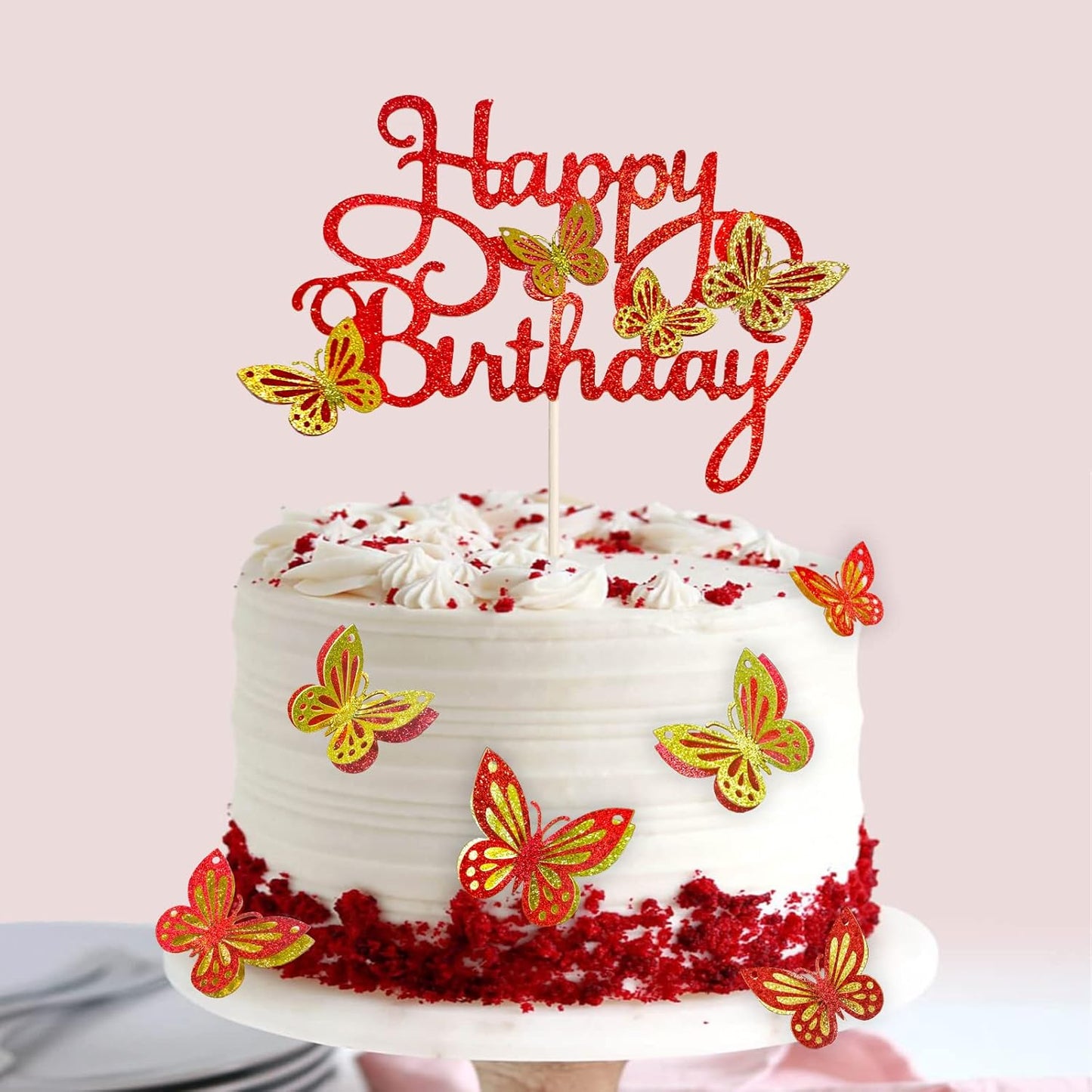 13-Piece Butterfly Cake Toppers - 3D Cupcake Toppers for Girls & Women's Birthdays (Golden Red)