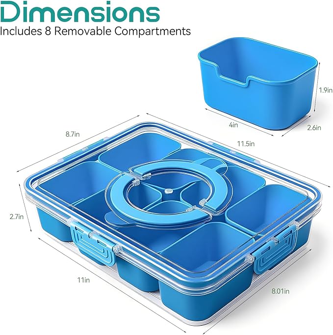 Snackle Box Container, Divided Serving Tray with Lid and Handl 8 Compartments Snacks Box,Candy Snack Fruit and Veggie Tray, Suitable for Picnics Trips Parties and Holidays