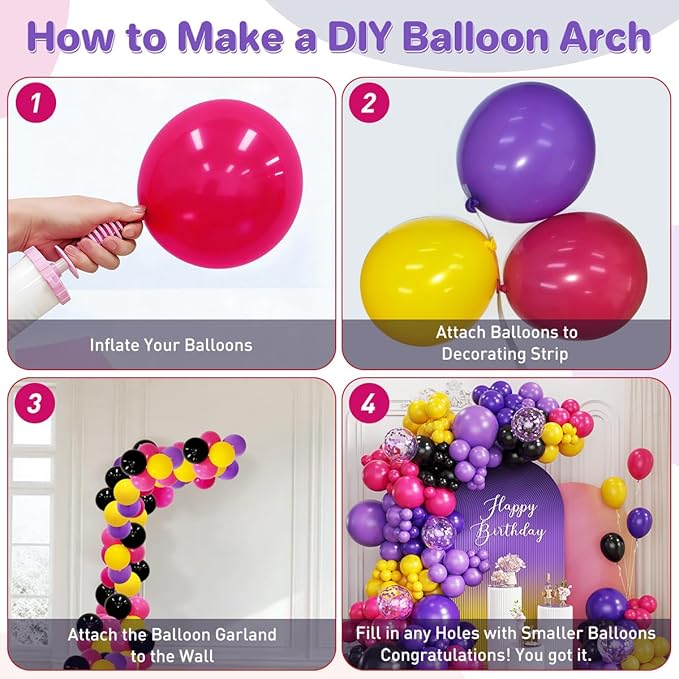 Black Purple Red Yellow Balloon Garland Arch Kit, 167Pcs Latex Balloons Different Sizes 18 12 10 5 inch for Women Princess Girl Birthday Bridal Baby Shower Party Decoration