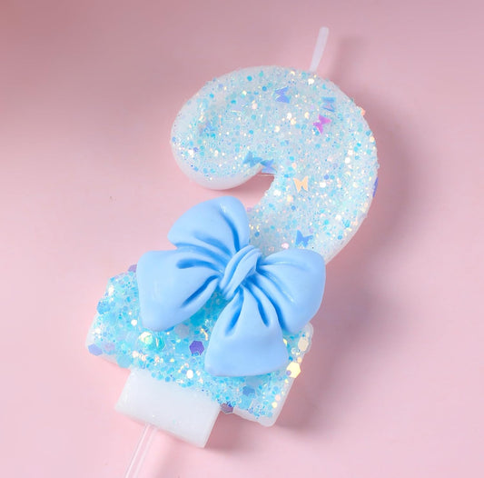 2 Birthday Candles Blue Bow Number 2 Cake Candles, Baby 2nd Cake Topper Decorations for Kids Pets Pastel Birthday Party Supplies (Number 2)