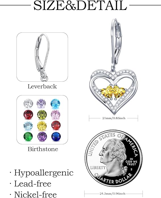 Valentines Day Gifts for Women, Heart Leverback Earrings Double Birthstone Dangle Earrings for Women, Love Jewelry for Her, Anniversary Birthday Gift for Mom Wife Girlfriend