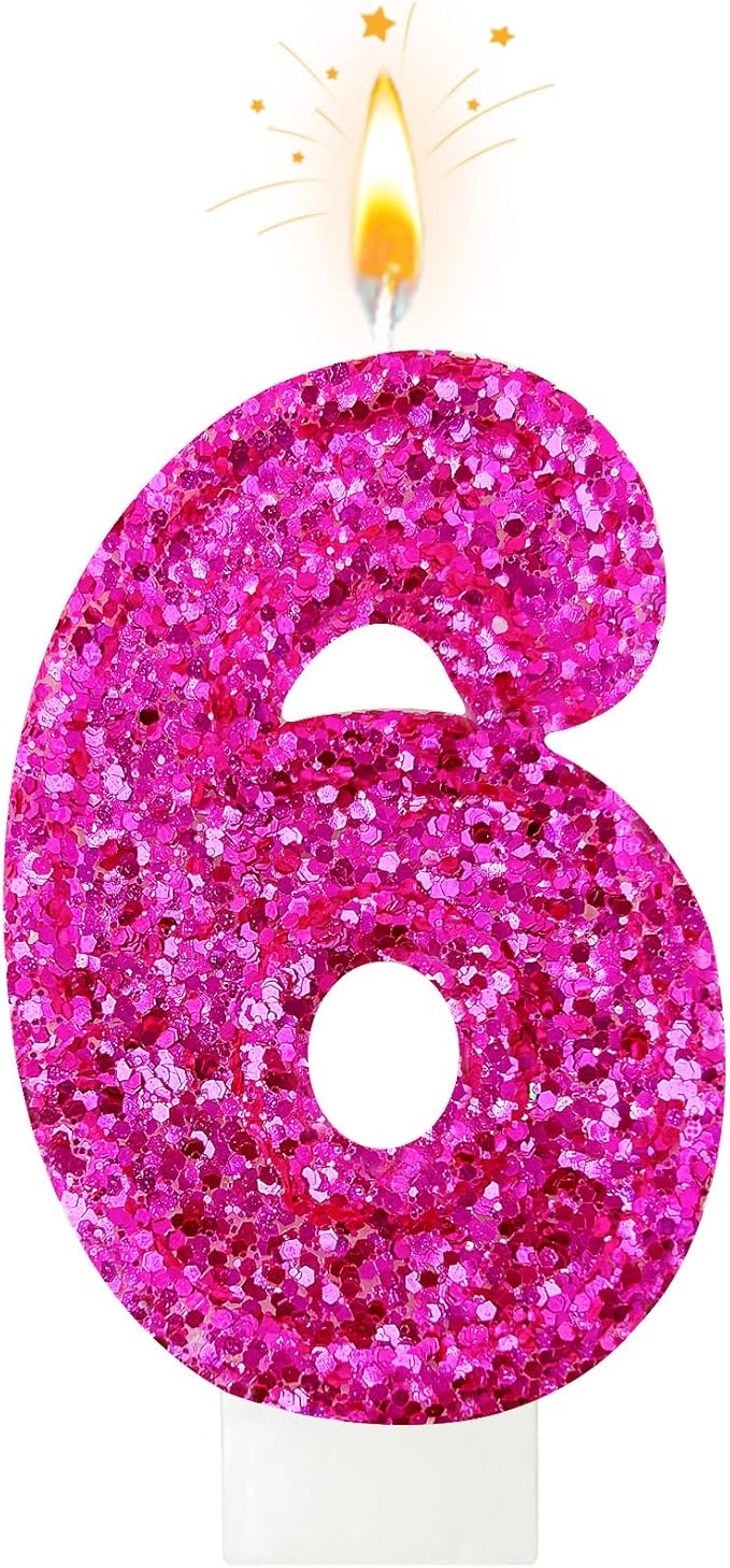 Zailo Birthday Number Candles, Glitter Number Candle Cake Decorations with Sequins, Cupcake Decorations for Girls, Women, Party Anniversary Celebrations (Number 6, Bright red)