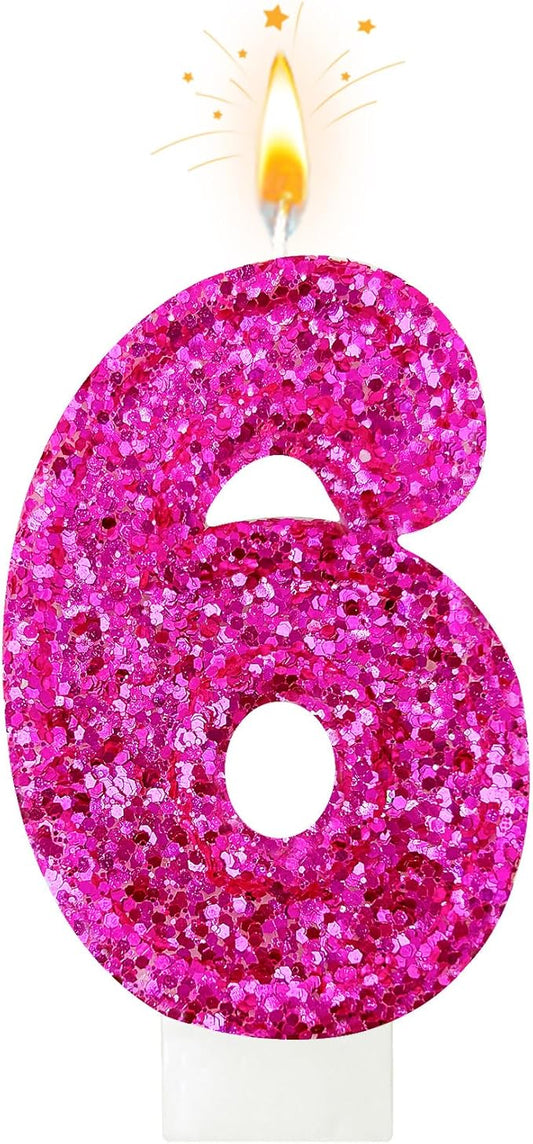Zailo Birthday Number Candles, Glitter Number Candle Cake Decorations with Sequins, Cupcake Decorations for Girls, Women, Party Anniversary Celebrations (Number 6, Bright red)