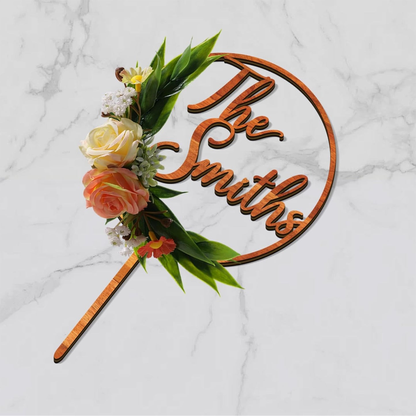 3D Flowers Wedding Cake Topper Custom Last Name Wedding Cake Decoration in Wood with 3D Artificial Roses (Maple)
