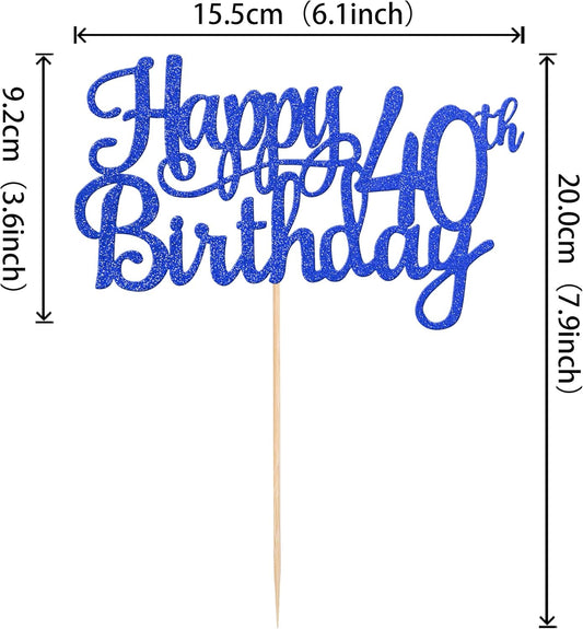 1 PCS Happy 40th Birthday Cake Topper Glitter Cheers to 40 Years Birthday Cake Pick 40 Fabulous Cake Decoration for Happy 40th Birthday Anniversary Party Decorations Supplies Blue