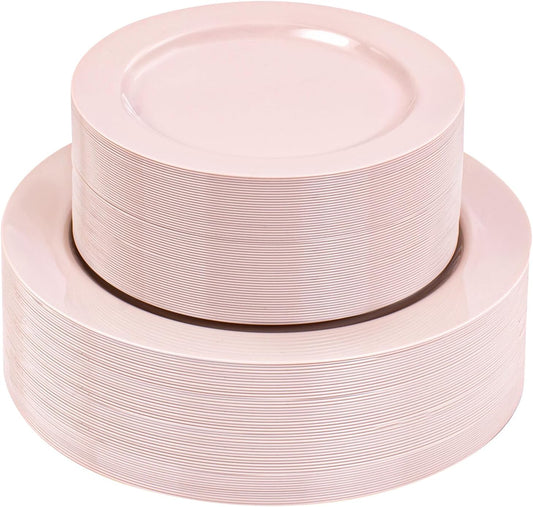 FLOWERCAT 100PCS Pink Plastic Plates - Heavy Duty Pink Party set Disposable serve for 50 guests -10 inch Dinner + 7 inch Dessert/Salad Plates for Easter,Birthday Party,Mother's Day
