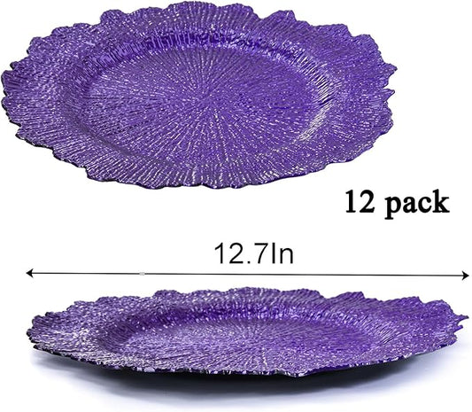 WUWEOT 12 Pack Purple Charger Plates, 12.7" Plastic Reef Dinner Under Plate, Round Charger Service Base Plate Bulk with Ruffled Rim for Party, Wedding, Catering Event, Tabletop Decor