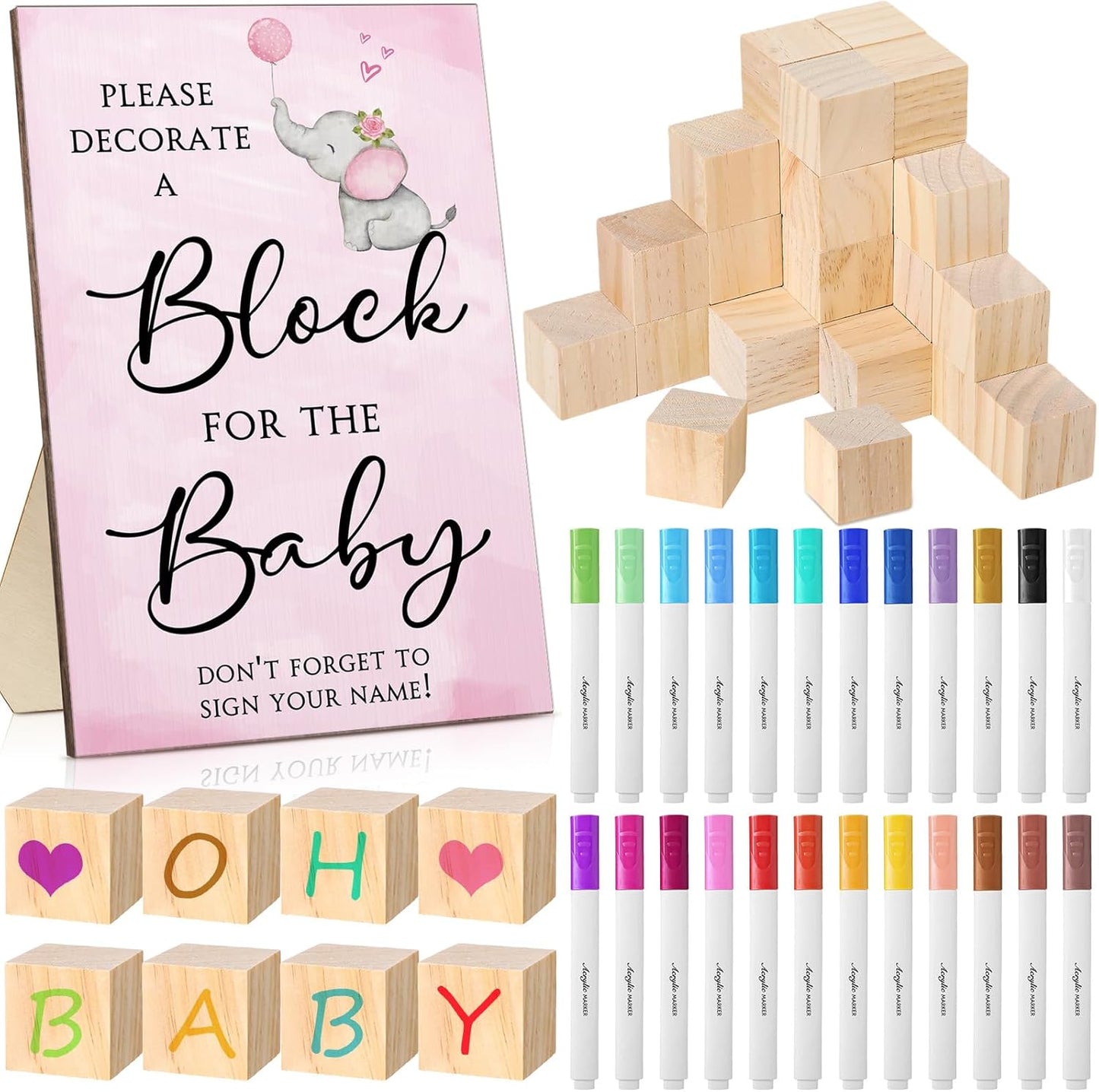 Tatuo 75 Pcs Baby Shower Games Sign Kit Including Decorate a Block Game Sign 50 DIY Wooden Block 24 Acrylic Paint Marker Baby Shower Prize for Gender Reveal Party(Elephant)