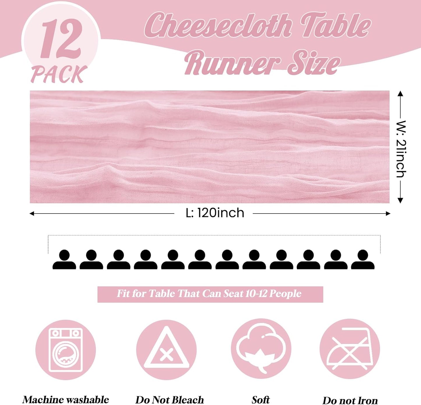 12 Pack Pink Table Runner 10FT Cheesecloth Table Runner 21 x 120 inch Boho Gauze Cheese Cloth Table Runner Rustic Sheer Table Runner for Party Wedding Bridal Baby Shower Birthday Table Decor