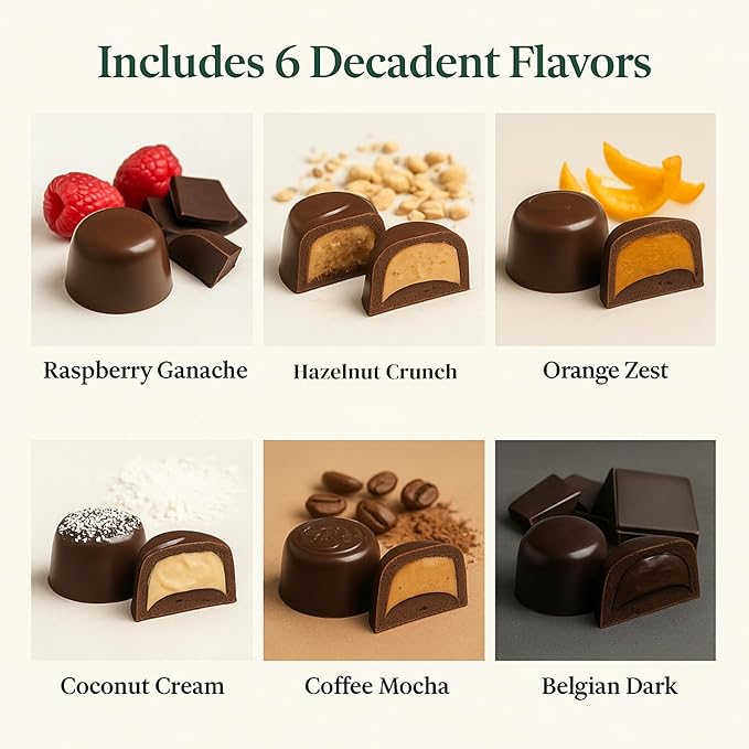 Andy Anand Chocolatier Sugar Free Belgian Chocolate Truffles with 6 Assorted Flavors, Espresso, Hazelnut, Strawberry, Coconut, Cherry, & Orange, Gluten Free Chocolate Gift Box (24 Pcs)