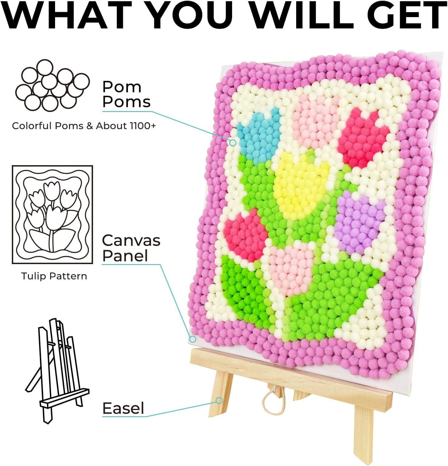 Funto Tulip Pom Pom Painting Art Kit, 1100+ pom poms, Canvas and Sturdy Easel for Home Decor, Suitable for Kids and Adults DIY Painting