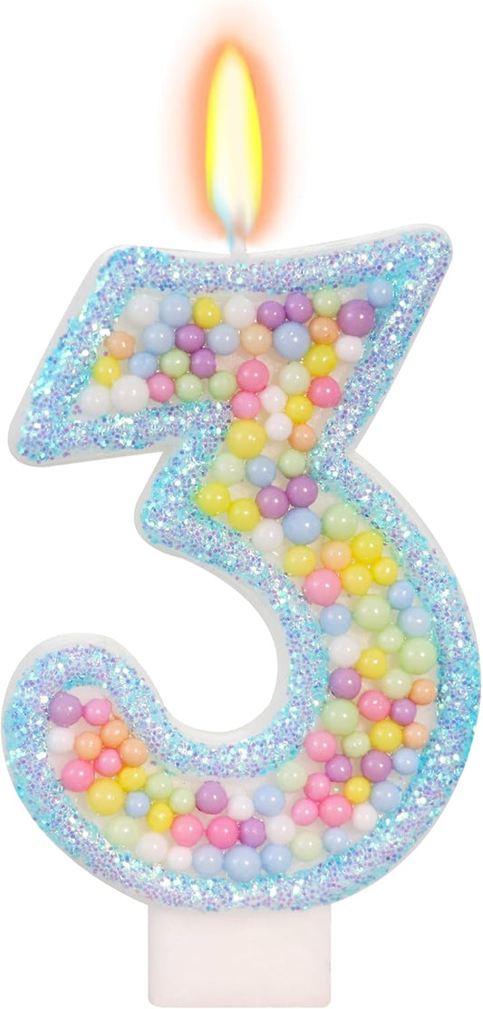 Birthday Candles - Number 3 Candle, Colorful Macaron Candles for Boys/Girls, Blue Cake Decorations, Theme Party Supplies