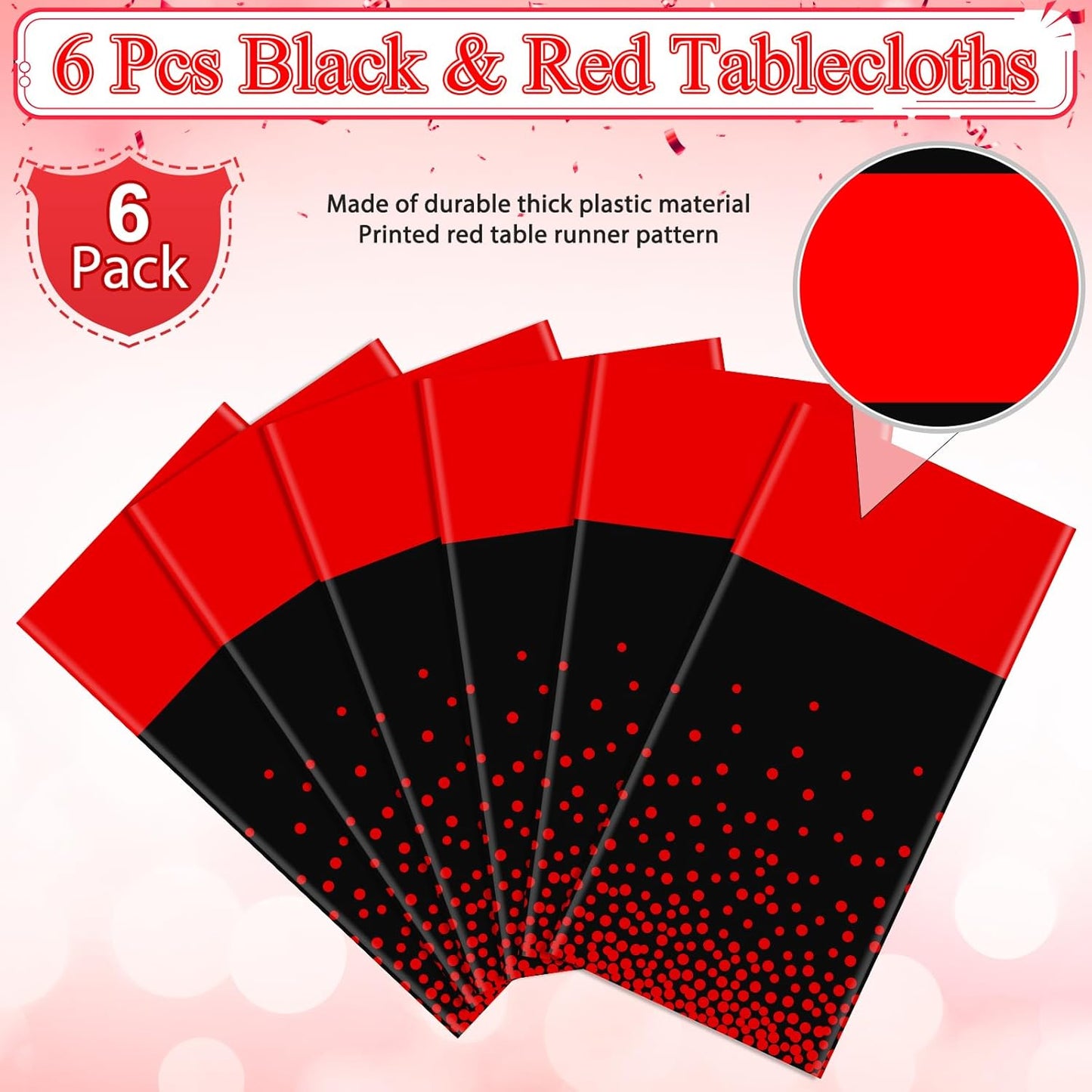 MASHAN 6Pcs Black and Red Tablecloth Party Decorations,Plastic Black Table Cloth Printed Red Table Runner Disposable Rectangle Cover for Birthday Weeding Anniversary Graduation Party,54 x108 Inch