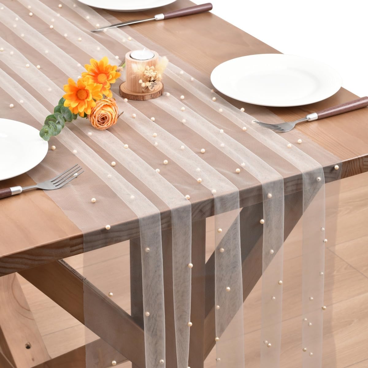 Light Peach Pearl Fall Thanksgiving Table Runner Boho Rustic Tulle Lace Table Runner for Baby Shower Wedding Arch Decor Veil Dessert Table Decor 3pcs
