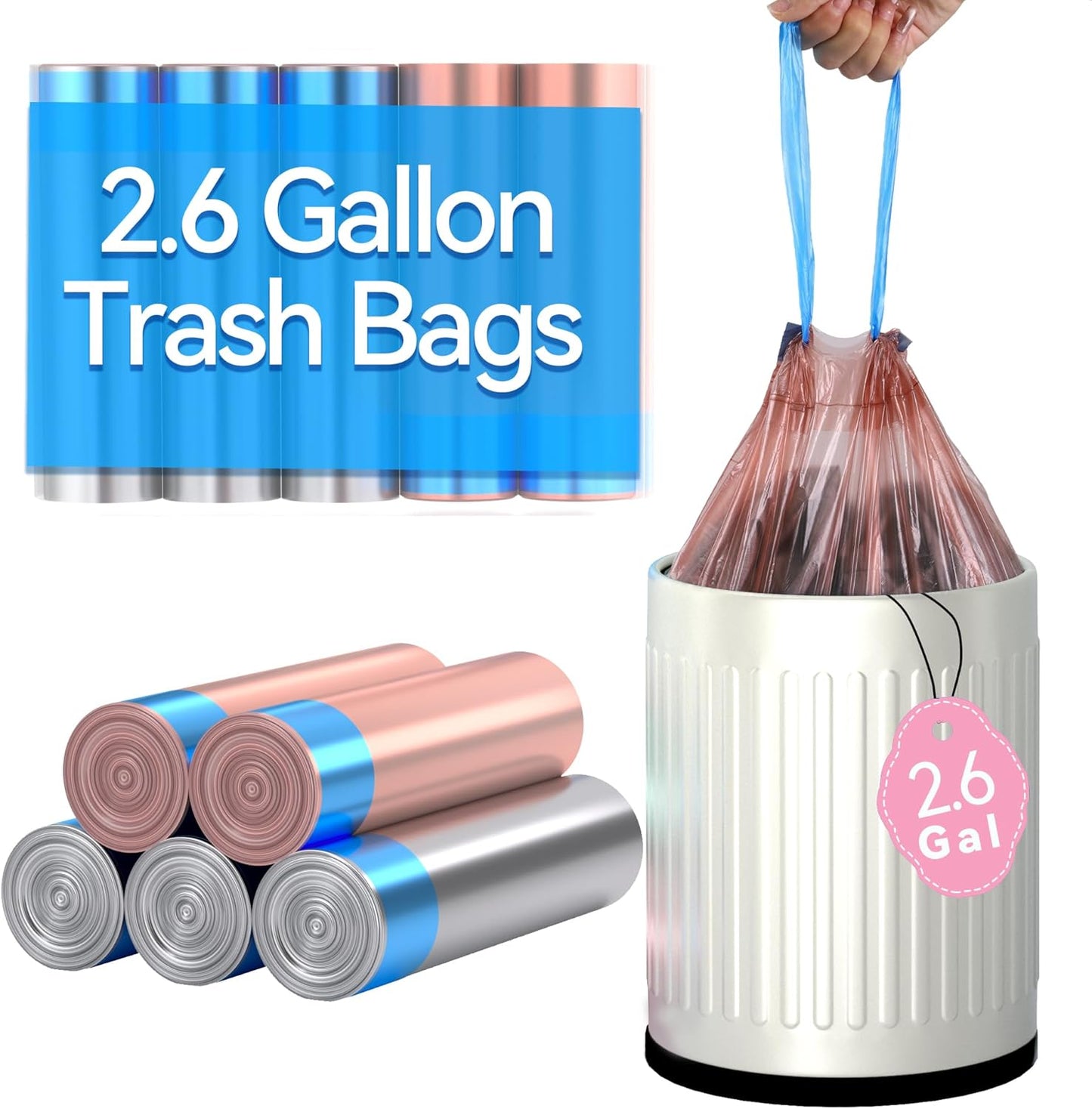 Small Drawstring Trash Bags 2.6 Gallon Bathroom Garbage Bag 75 Count Trash Can Liner for Bathroom, Office, Bedroom, Kitchen Random Gold & Silver