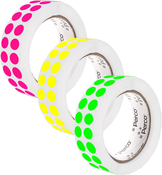 Perco 1/2 Inch Perforated Circle Dot Sticker Labels — 3 Rolls, 9,000 Round Fluorescent Stickers (1 Green, 1 Yellow, 1 Pink)—with Permanent Adhesive for Calendars, Color Coding, Crafting — Made in USA