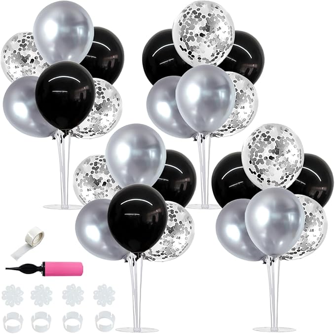 TONIFUL 4 Set Black and Silver Balloon Centerpiece for Table, Balloon Stand Kit for Birthday, Anniversary, Wedding, Halloween and Black Silver Party Decorations,2026 Graduation Decorations,Retirement