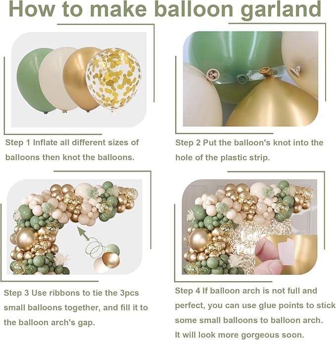 Sage Green and White Gold Balloons Arch Garland Kit 164Pcs Different Sizes Balloons 18 10 5 Inch for Baby Shower Bridal Shower Birthday Wedding Party Decorations
