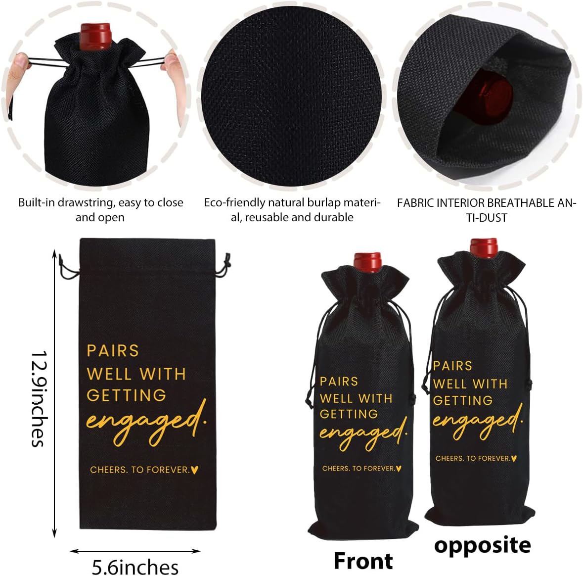 FBCCZEY Engaged Gifts Engagement Gifts for Couples Her Engagement Party Decorations Bridal Shower Decorations Wine Gift Bag Cheers To Forever Wine Bag - Black