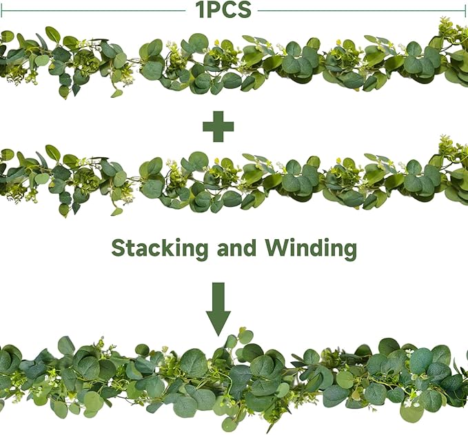 4 Packs 5.74 Ft Artificial Eucalyptus Garland Leaves with Flowers Artificial Fake Greenery Hanging Vines for Wedding Table Home Stairs Decor Decorations Garland for Mantle