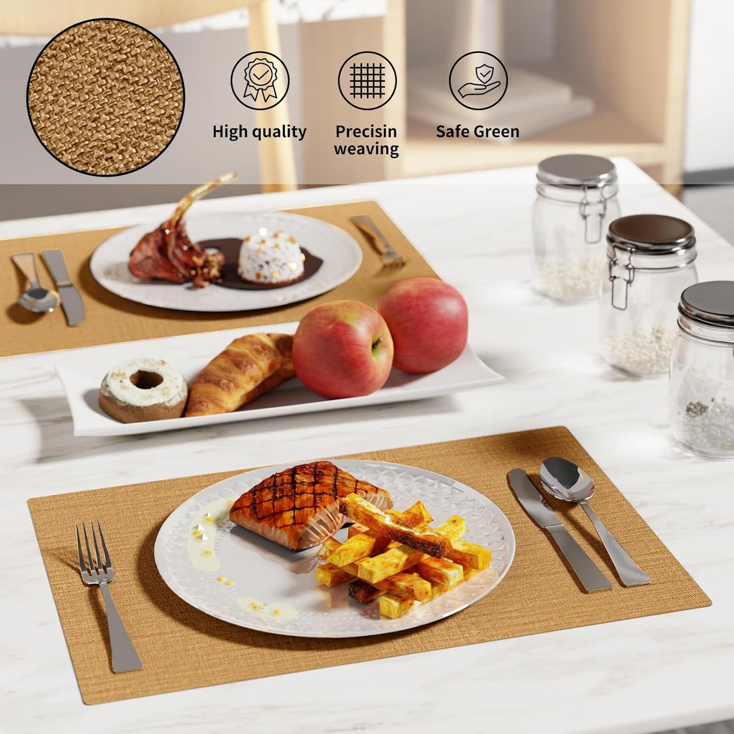 Cloth Placemats, Set of 4 Heat-Resistant Cotton Linen Blend Double Layered Machine Washable Place Mats, Wrinkle Free Thick Fabric Dining Table Mats for Indoors & Outdoors (Natural Linen, 4)