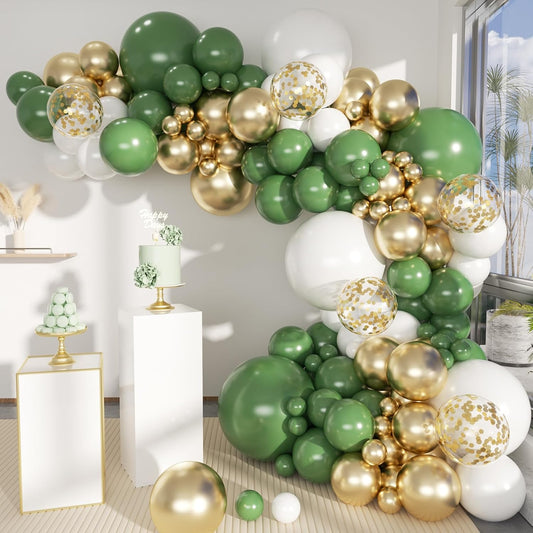 Green White Gold Balloon Arch Kit, 146Pcs Avocado Green Metallic Chrome Gold Confetti and White Latex Balloons for Wedding Birthday Baby Shower Decoration