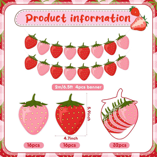 Lewtemi 4 Pcs Berry First Birthday Decor Strawberry Baby Shower Decorations Hanging Banner Berry Garland for Strawberry Themed Party Favors Supplies(Red, Pink)