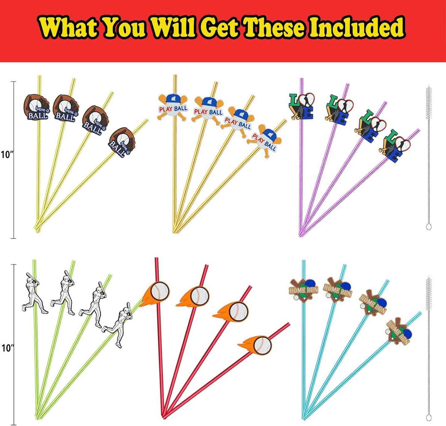 24pcs Baseball Party Themed Straight Reusable Plastic Straws for Sports Baseball Party Favor Gift Bags,Daily Drinking Straws,Birthday Parties,Class Reunions, With 2 Cleaning Brushes.(6color)