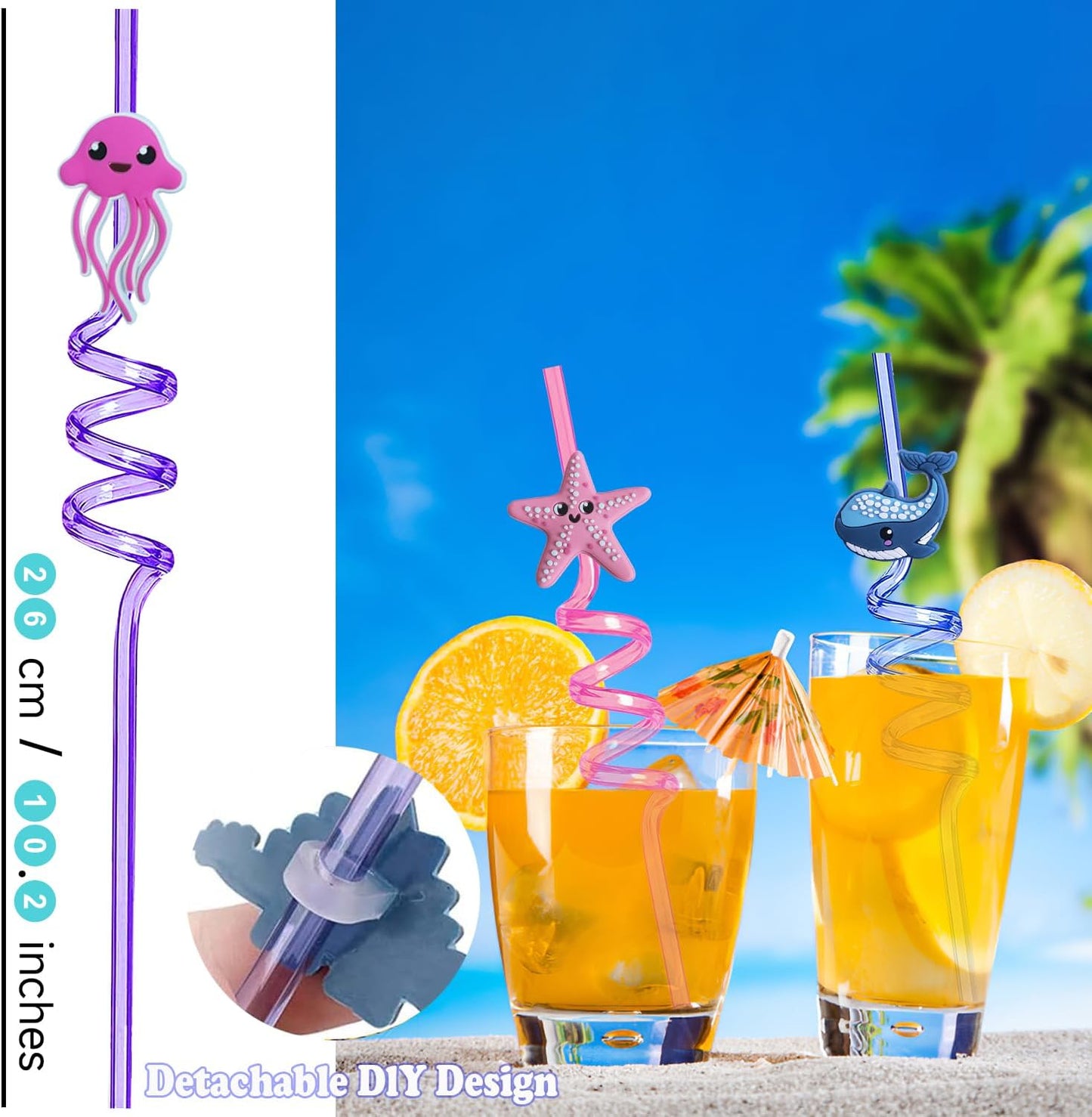 24 PCS Reusable Sea Animal Straws Party Favors, Plastic Ocean Creature Silly Swirly Drinking Straws for Kids Party Decorations Beach Ocean Themed Party Supplies with Clean Brushes