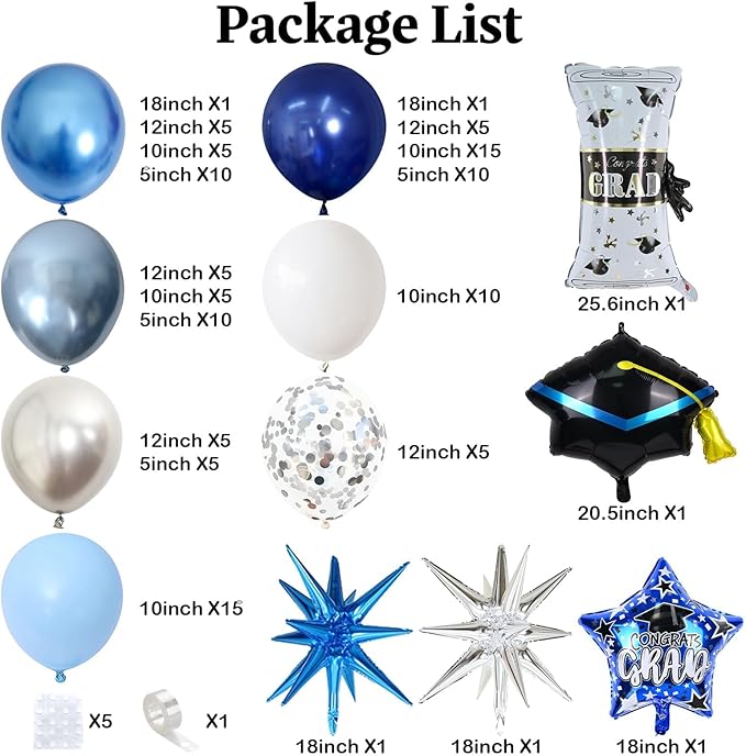 Blue Graduation Balloon Arch Garland Kit 2026, Blue White Graduation Decorations with Foil Grad Cap Diploma Star Balloons for Congrats Class of 2026 Graduates Celebrations Party Decorations