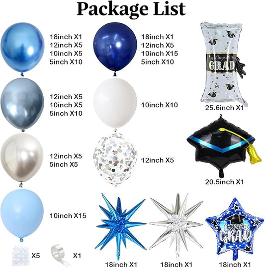 Blue Graduation Balloon Arch Garland Kit 2026, Blue White Graduation Decorations with Foil Grad Cap Diploma Star Balloons for Congrats Class of 2026 Graduates Celebrations Party Decorations