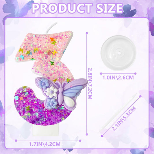 HXOUSE Butterfly Number 3 Birthday Candles - Pink & Purple Butterfly Birthday Candles for Cake, 3 Candle Topper for Anniversary Celebrations Supplies, Fairy Party Decorations for Girl (Number 3)