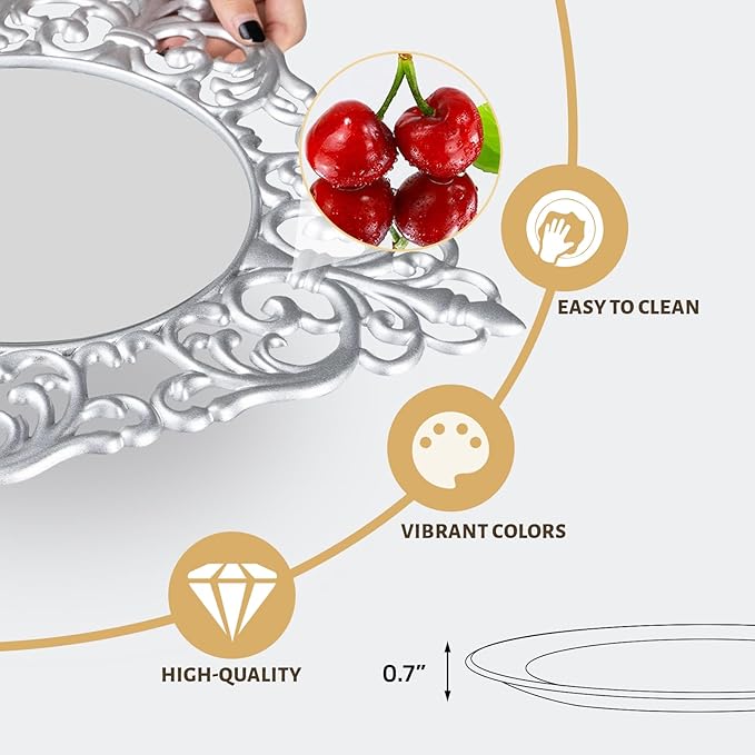 MAONAME 12" Silver Charger Plates Set of 6, Mirror Charger for Dinner Plates, Plastic Plate Chargers with Embossed Rims, Square Chargers for Table Setting, Wedding